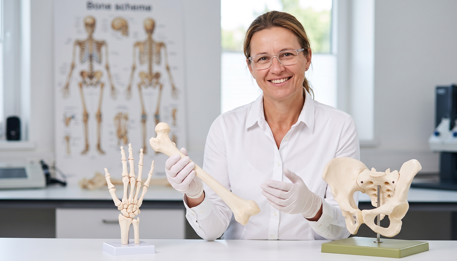 Specjalistka Alicja Szymanek wyjaśnia mechanizm degradacji stawów za pomocą rzeczywistych modeli anatomicznych